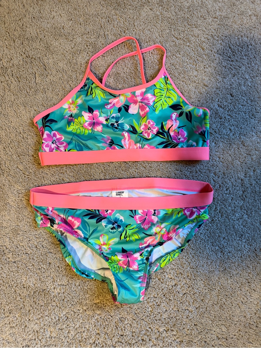 Lands' End Teal Floral Girls' Two-Piece Swim Bikini with Pink Trim: NWT